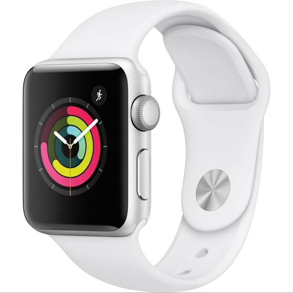 Series 3 Apple Watch. Gray band. Silver aluminum frame.